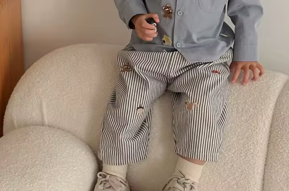 Cute Stripy Embroidery Trouser