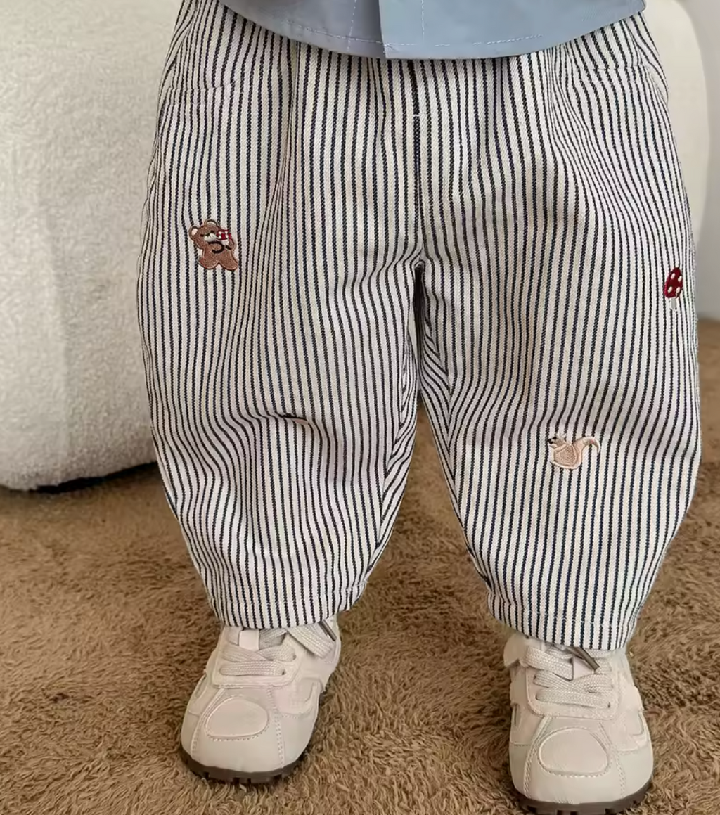 Cute Stripy Embroidery Trouser